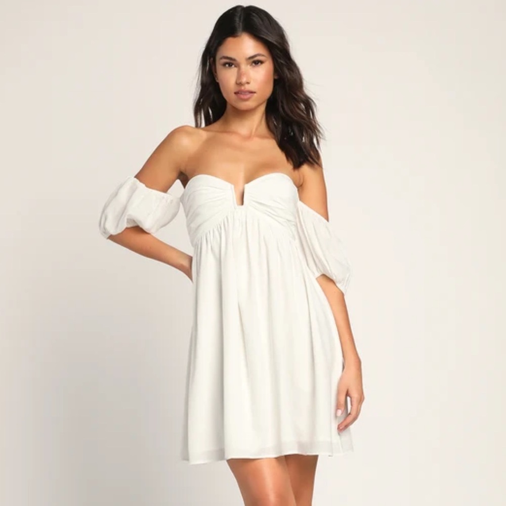 Lulu’s white flowy off the shoulder mini dress